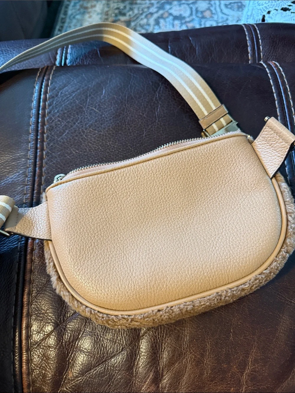kate spade Tan Faux Fur Crossbody Belt Bag with Striped Strap